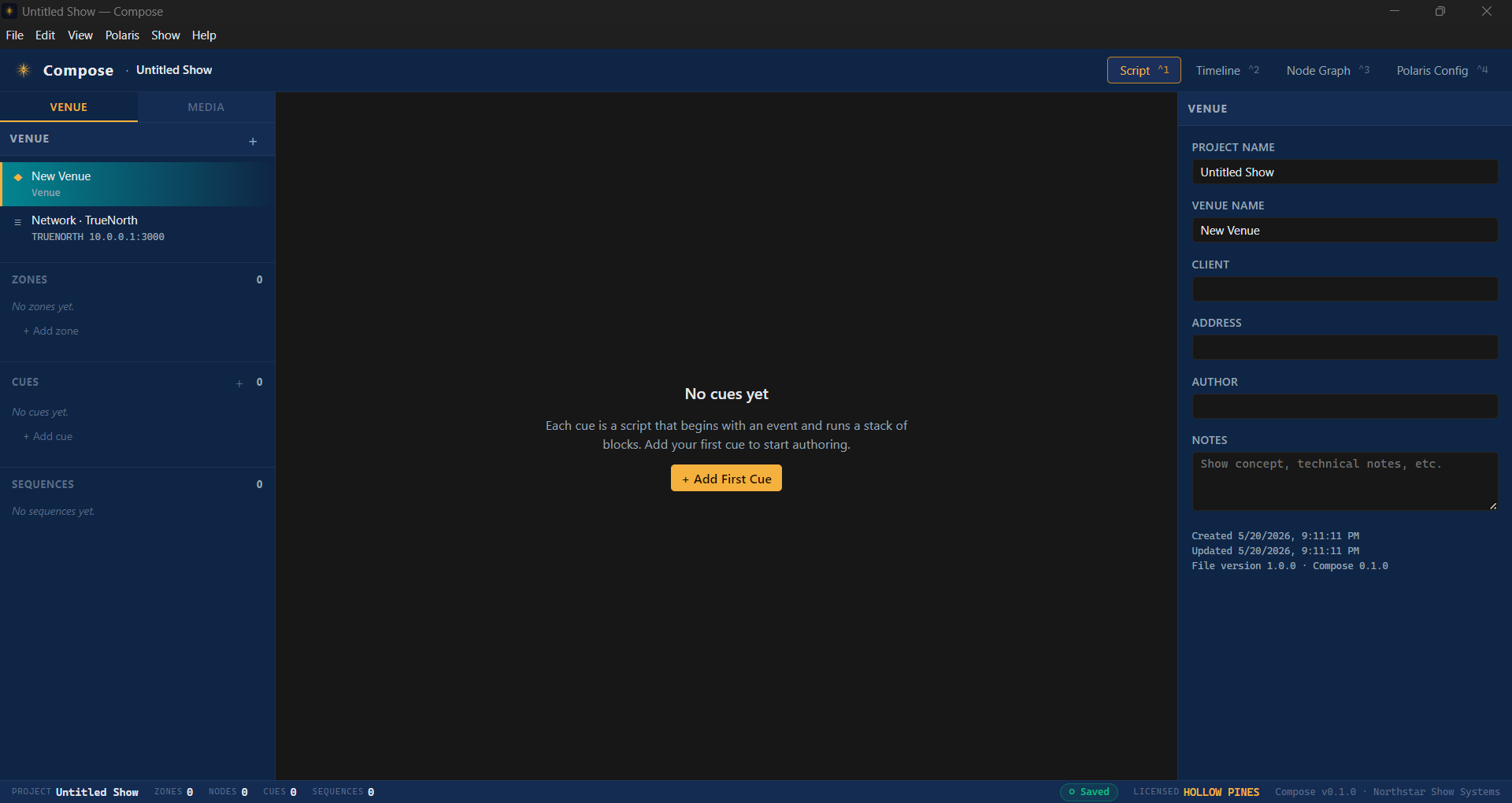 The Compose desktop app showing a project open with zones, cues, timelines, and node graph panels